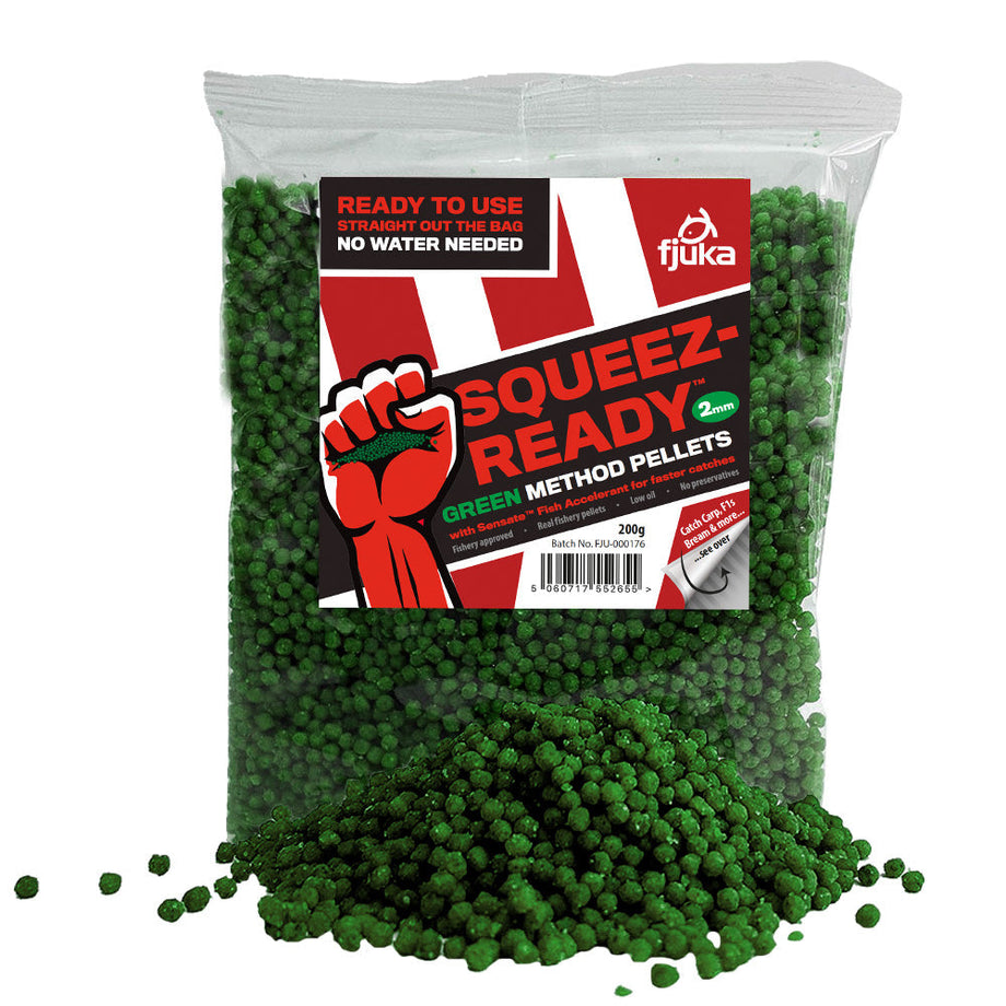 FJUKA SQUEEZ Pellet Metodo Pronto All'Uso 2mm – 200g – Colori Verde, Giallo O Rosso Per Pesca Alla Carpa