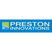 Preston innovations logo on blue background.