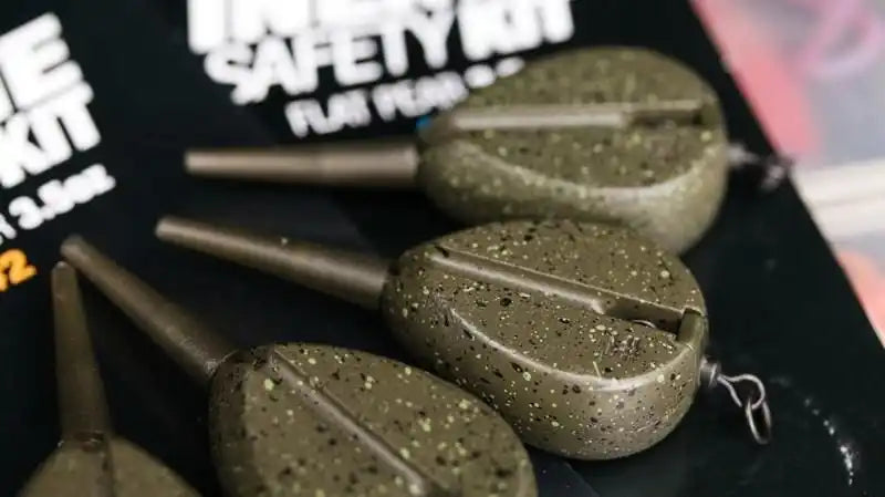 Three olive green, textured fishing leads with swivels.